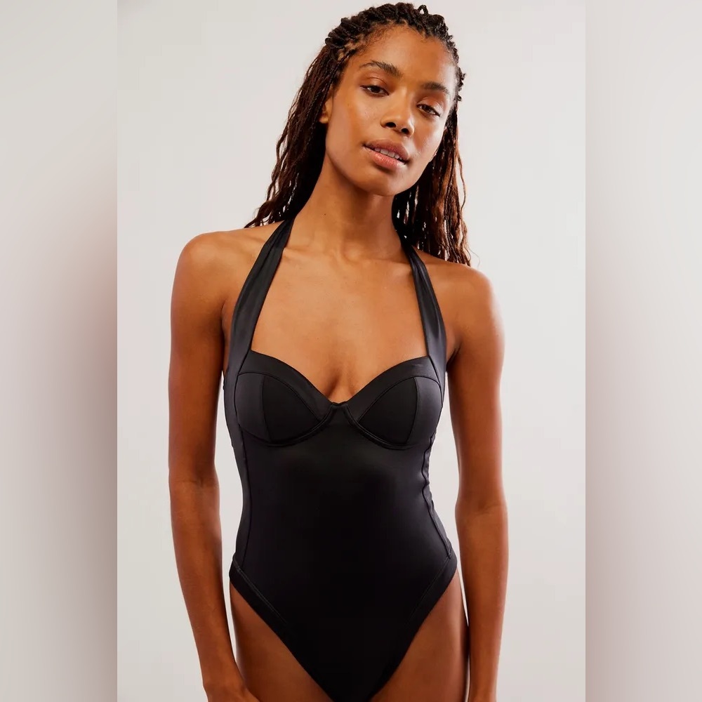 NWOT Free People HAH Pull Thru One Piece Swimsuit / Bodysuit Black